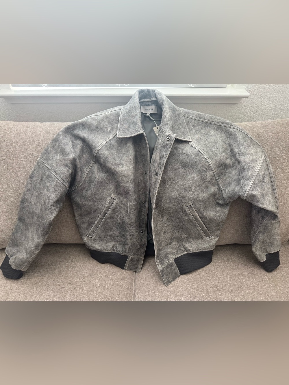 NWT HUDSON Black Marble Buffalo Leather Bomber Jacket Small